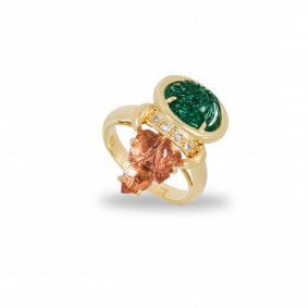 Yellow Gold Emerald, Pink Tourmaline & Diamond Ring